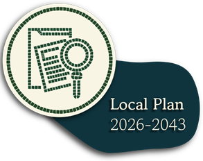 Mosaic style cartoon image of a stack of documents, with a magnifying glass hovering over them. The overlaying text says Local Plan 2026 to 2043